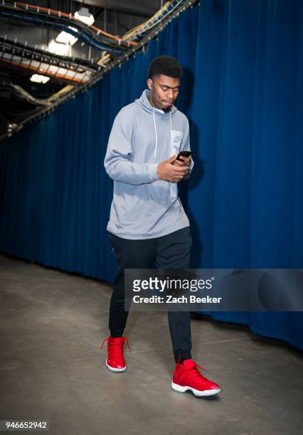 Dakari Johnson of the Oklahoma City Thunder arrives to the arena prior to Game One of Round One of the 2018 NBA Playoffs against the Utah Jazz on...