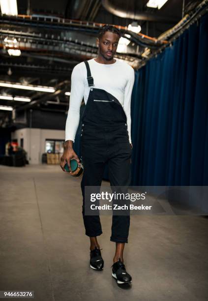 Jerami Grant of the Oklahoma City Thunder arrives to the arena prior to Game One of Round One of the 2018 NBA Playoffs against the Utah Jazz on April...