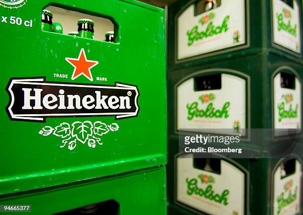Crates of Heineken and Grolsch beer sit for sale at an Albert Heijn store in Vlissingen, The Netherlands, on Wednesday, Nov. 21, 2007. Heineken, the...