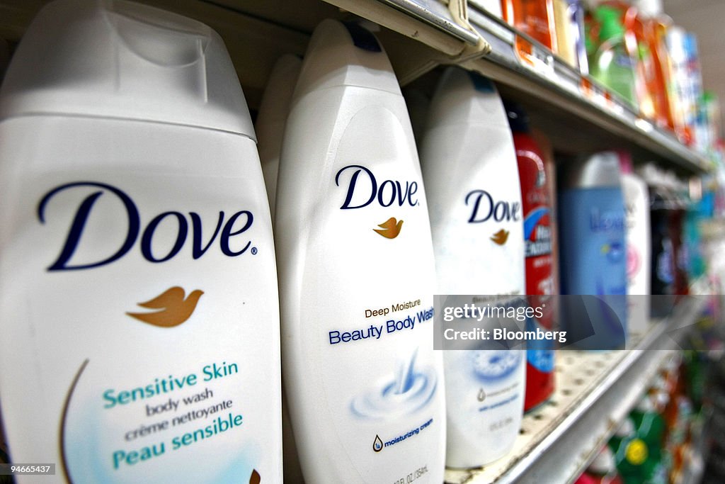 Bottles of Dove cleansing sit on a store shelf in New York,