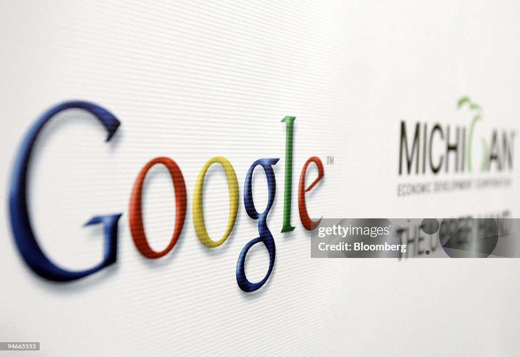 Google Michigan signs are pictured at a news conference in L