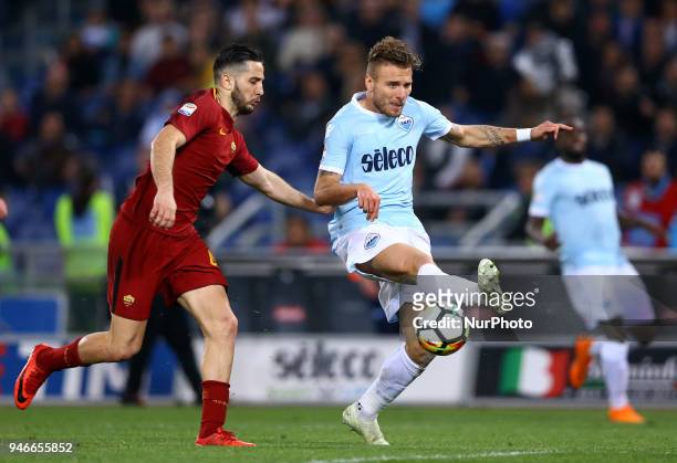 Lazio v Roma - Serie A Konstantin Manolas of Roma and Ciro Immobile of Lazio at Olimpico Stadium in Rome, Italy on April 15, 2018