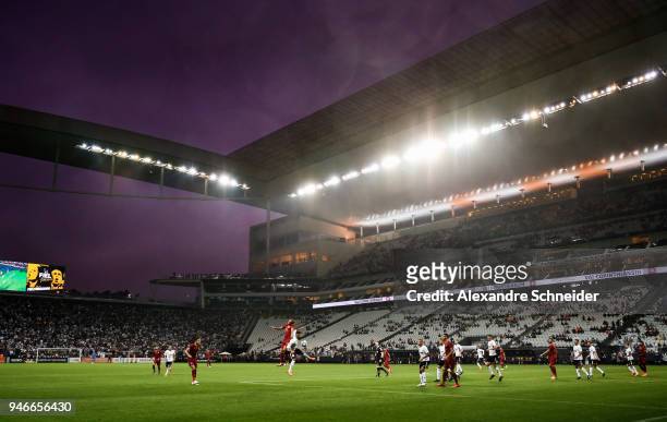 General view of the match between Corinthinas and Fluminense for the Brasileirao Series A 2018 at Arena Corinthians Stadium on April 15, 2018 in Sao...