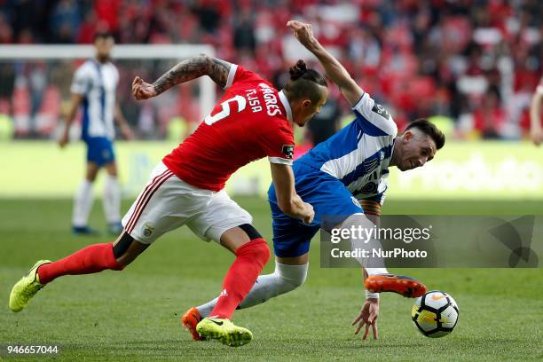 Porto's midfielder Hector Herrera vies for the ball with Benfica's midfielder Ljubomir Fejsa during Primeira Liga 2017/18 match between SL Benfica vs...