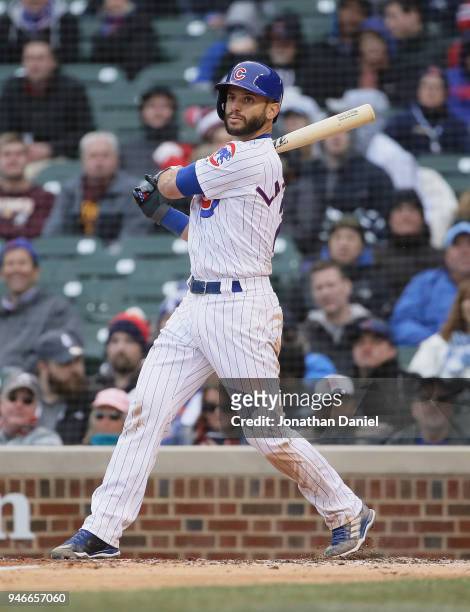 Tommy La Stella of the Chicago Cubs bats against the Atlanta Braves at Toyota Park on April 14, 2018 in Bridgeview, Illinois. The Galaxy defeated the...