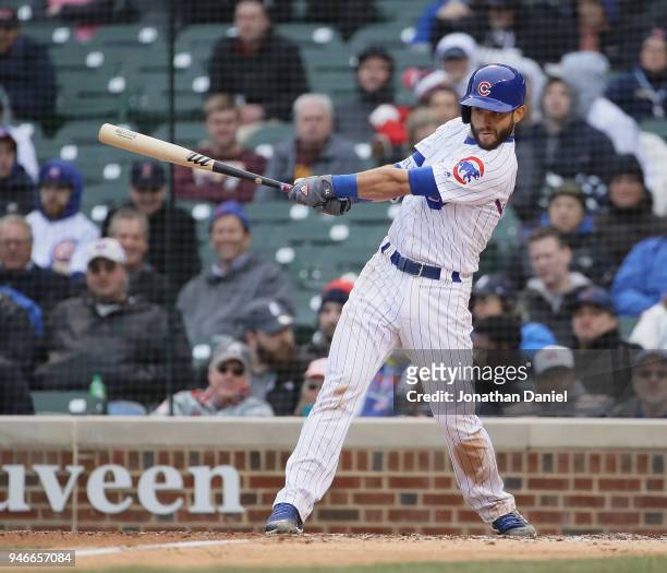 Tommy La Stella of the Chicago Cubs bats against the Atlanta Braves at Toyota Park on April 14, 2018 in Bridgeview, Illinois. The Galaxy defeated the...