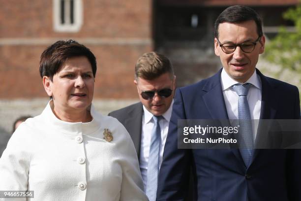 Polish Prime Minister Mateusz Morawiecki and former PM Beata Szydlo during their visit at Wawel Cathedral in Krakow, Poland on 15 April, 2018.