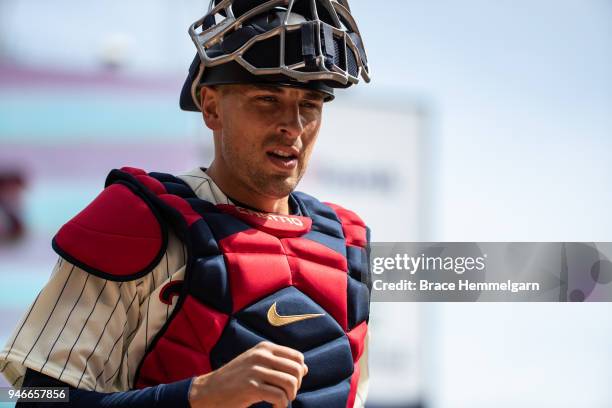 Jason Castro of the Minnesota Twins looks on against the Houston Astros on April 11, 2018 at Target Field in Minneapolis, Minnesota. The Twins...