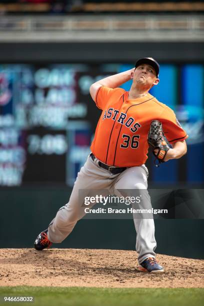 Will Harris of the Houston Astros pitches against the Minnesota Twins on April 11, 2018 at Target Field in Minneapolis, Minnesota. The Twins defeated...