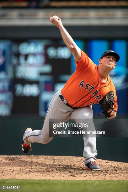 Will Harris of the Houston Astros pitches against the Minnesota Twins on April 11, 2018 at Target Field in Minneapolis, Minnesota. The Twins defeated...