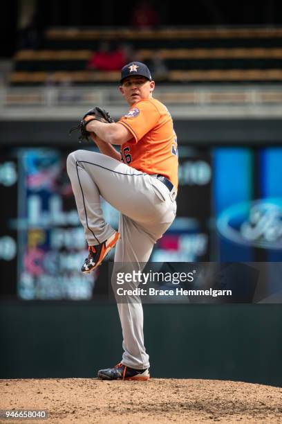 Will Harris of the Houston Astros pitches against the Minnesota Twins on April 11, 2018 at Target Field in Minneapolis, Minnesota. The Twins defeated...