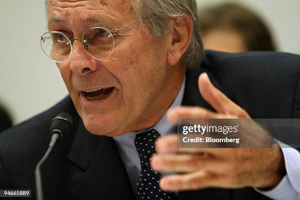 Former Defense Secretary Donald Rumsfeld testifies about the friendly fire death of Corporal Patrick Tillman, before the House Oversight and...