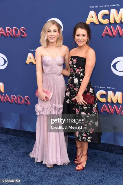 Madison Marlow and Taylor Dye of Maddie and Tae attend the 53rd Academy of Country Music Awards at the MGM Grand Garden Arena on April 15, 2018 in...