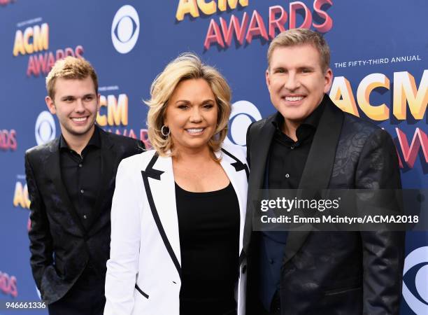 Chase Chrisley, Julie Chrisley, and Todd Chrisley attend the 53rd Academy of Country Music Awards at MGM Grand Garden Arena on April 15, 2018 in Las...