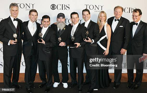 The members of the production Jersey Boys pose with their Best Musical awards backstage at the 60th Annual Tony Awards at Radio City Music Hall in...
