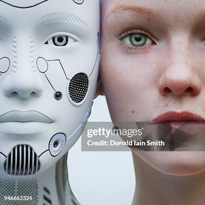 Female robot and human heads side by side Female robot and human heads side by side