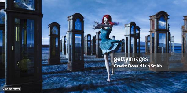 running out of time: woman among grandfather clocks - biologische uhr stock-fotos und bilder