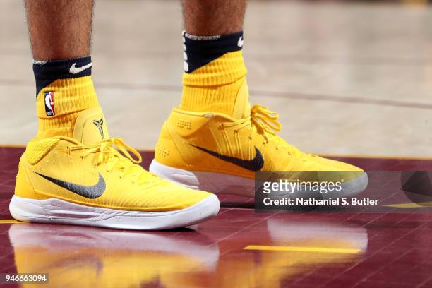 The sneakers worn by Cory Joseph of the Indiana Pacers are seen against the Cleveland Cavaliers in Game One of Round One of the 2018 NBA Playoffs on...