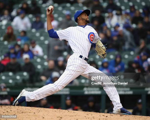 Carl Edwards Jr. #6 of the Chicago Cubs piches against the Atlanta Braves at Wrigley Field on April 13, 2018 in Chicago, Illinois. The Braves...