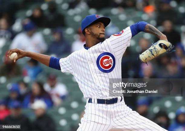 Carl Edwards Jr. #6 of the Chicago Cubs piches against the Atlanta Braves at Wrigley Field on April 13, 2018 in Chicago, Illinois. The Braves...