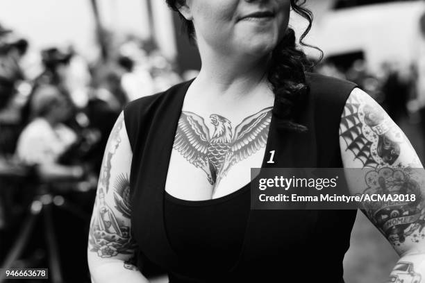 Ashley McBryde, tattoo detail, attends the 53rd Academy of Country Music Awards at MGM Grand Garden Arena on April 15, 2018 in Las Vegas, Nevada.