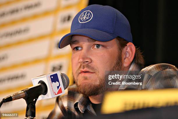 All-Star National League starting pitcher Brad Penny, of the Los Angeles Dodgers, speaks during a press conference at the Westin Hotel in Pittsburgh,...