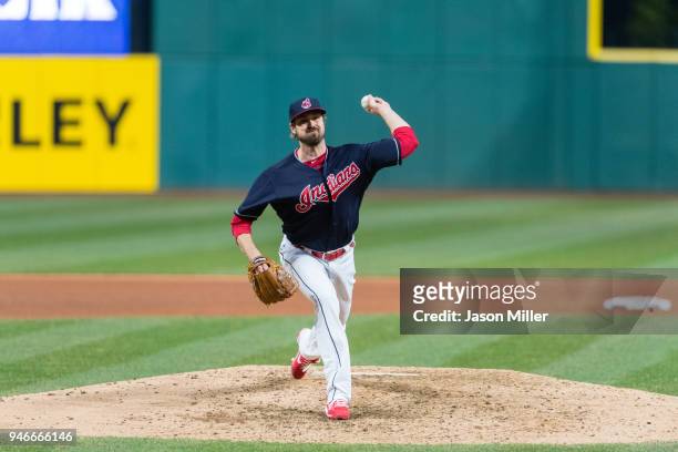 Andrew Miller of the Cleveland Indians pitches during the seventh inning against the Toronto Blue Jays at Progressive Field on April 13, 2018 in...