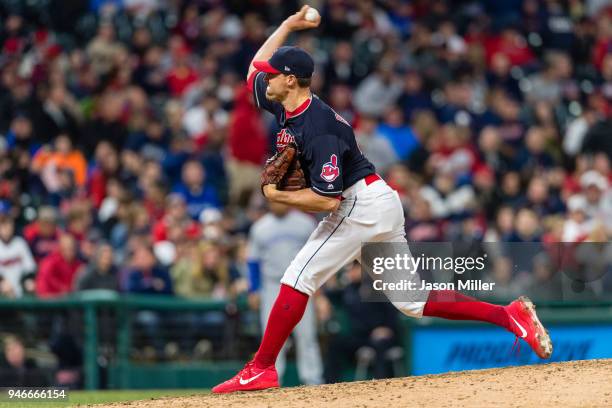 Matt Belisle of the Cleveland Indians pitches during the ninth inning against the Toronto Blue Jays at Progressive Field on April 13, 2018 in...