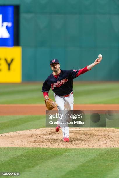 Andrew Miller of the Cleveland Indians pitches during the seventh inning against the Toronto Blue Jays at Progressive Field on April 13, 2018 in...