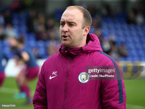 Nick Cushing manager of Manchester City WFC during The SSE Women's FA Cup semi-final match between Chelsea Ladies and Manchester City Women at...