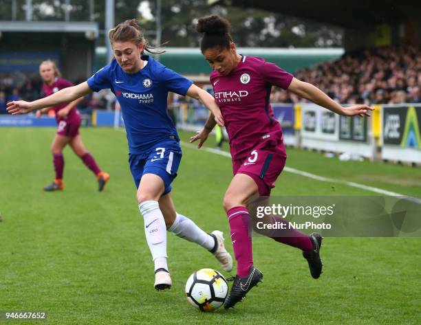 Demi Stokes of Manchester City WFC takes on Chelsea Ladies Hannah Blundell during The SSE Women's FA Cup semi-final match between Chelsea Ladies and...