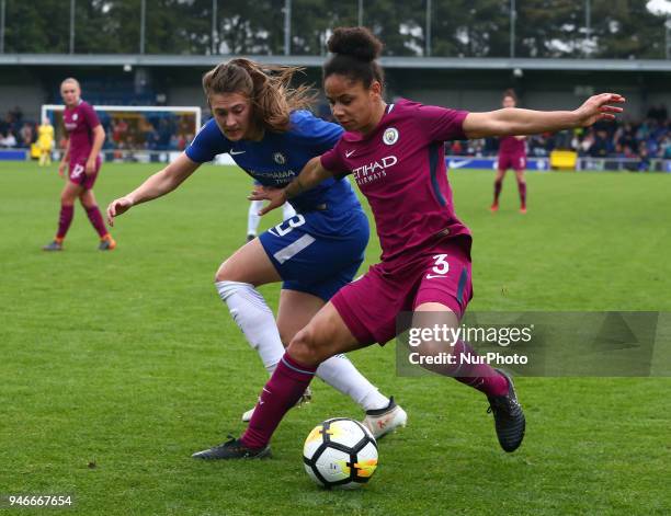 Demi Stokes of Manchester City WFC takes on Chelsea Ladies Hannah Blundell during The SSE Women's FA Cup semi-final match between Chelsea Ladies and...