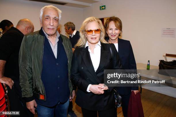 Gerard Darmon, Sylvie Vartan and Nathalie Baye pose after Sylvie Vartan performs at Le Grand Rex on April 14, 2018 in Paris, France.