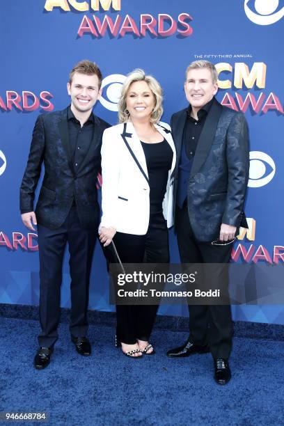 Chase Chrisley, Julie Chrisley, and Todd Chrisley attend the 53rd Academy of Country Music Awards at MGM Grand Garden Arena on April 15, 2018 in Las...