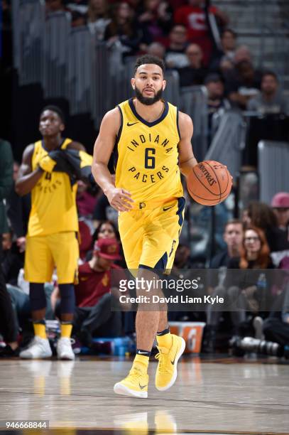 Cory Joseph of the Indiana Pacers handles the ball against the Cleveland Cavaliers in Game One of Round One during the 2018 NBA Playoffs on April 15,...
