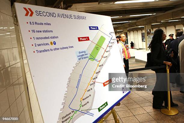 Map illustrates phases of the Second Avenue Subway at a news conference in New York, U.S., on Monday, Nov. 19, 2007. The Federal Transit...