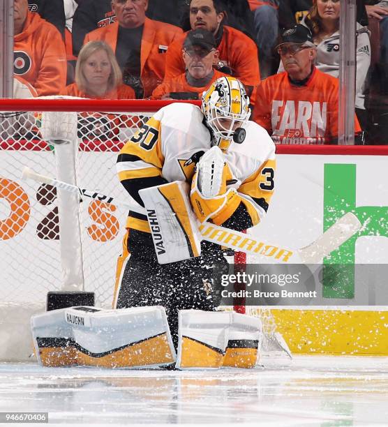 Matt Murray of the Pittsburgh Penguins makes the third period save on Jakub Voracek of the Philadelphia Flyers in Game Three of the Eastern...