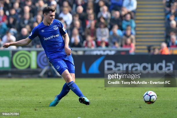 Michael Keane of Everton on the ball during Premier League match between Swansea City and Everton at the Liberty Stadium on April 14, 2018 in...