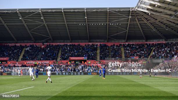 Everton fans in the away section during Premier League match between Swansea City and Everton at the Liberty Stadium on April 14, 2018 in Swansea,...