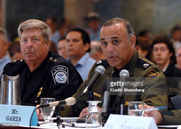 Reynaldo Garza, right, acting chief patrol agent, Laredo Sector of the Border Patrol, testifies at a House of Representatives subcommittee field...