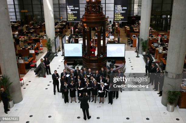 The Lloyd's Choir sing "Somewhere over the Rainbow" after the Lutine bell was rung marking the centenary of the 1906 San Francisco earthquake at...