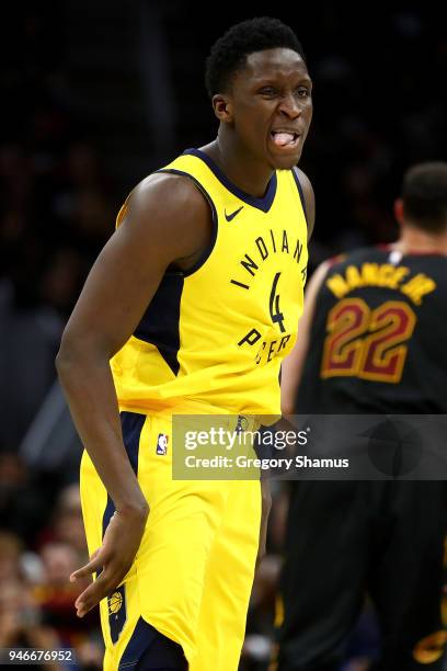 Victor Oladipo of the Indiana Pacers reacts to a fourth quarter three point basket while playing the Cleveland Cavaliers in Game One of the Eastern...