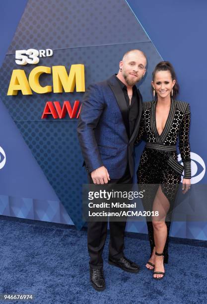 Brantley Gilbert , and Amber Cochran attend the 53rd Academy of Country Music Awards at MGM Grand Garden Arena on April 15, 2018 in Las Vegas, Nevada.