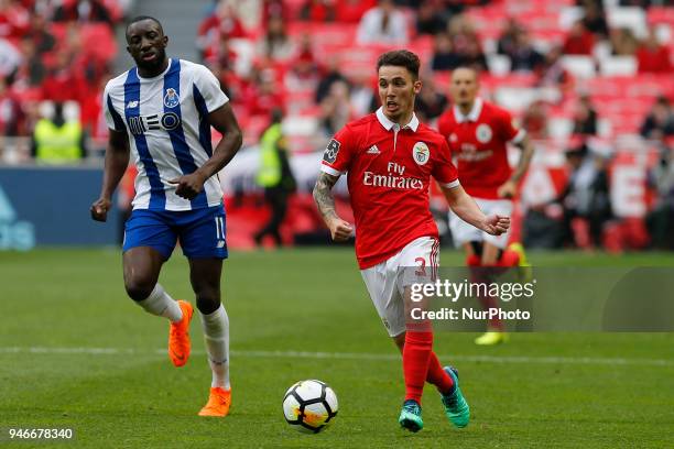 Benfcas Defender Alex Grimaldo from Spain and FC Porto Forward Moussa Marega from Mali during the Premier League 2017/18 match between SL Benfica v...