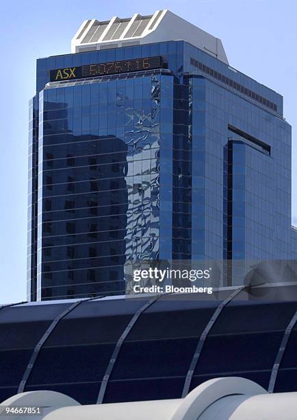 The ASX All Ordinaries Price is seen above central business district buildings in the city of Perth, Western Australia, Wednesday July 5, 2006....