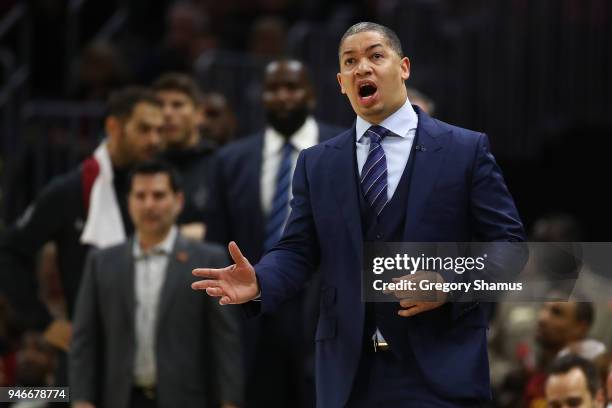 Head coach Tyronn Lue of the Cleveland Cavaliers yells from the bench while playing the Indiana Pacers in Game One of the Eastern Conference...