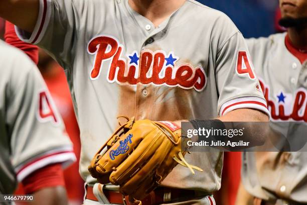 Philadelphia Phillies uniform detail after a 10-4 win over the Tampa Bay Rays on April 15, 2018 at Tropicana Field in St Petersburg, Florida. All...