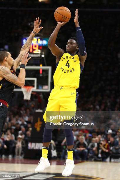 Victor Oladipo of the Indiana Pacers takes a shot while playing the Cleveland Cavaliers in Game One of the Eastern Conference Quarterfinals during...