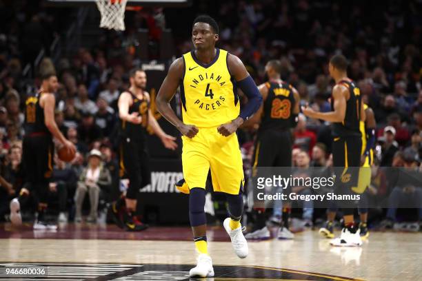 Victor Oladipo of the Indiana Pacers reacts to a fourth quarter three point basket while playing the Cleveland Cavaliers in Game One of the Eastern...