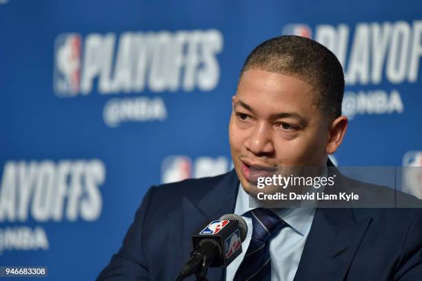 Tyronn Lue of the Cleveland Cavaliers speaks to the media after game against the Indiana Pacers in Game One of Round One during the 2018 NBA Playoffs...